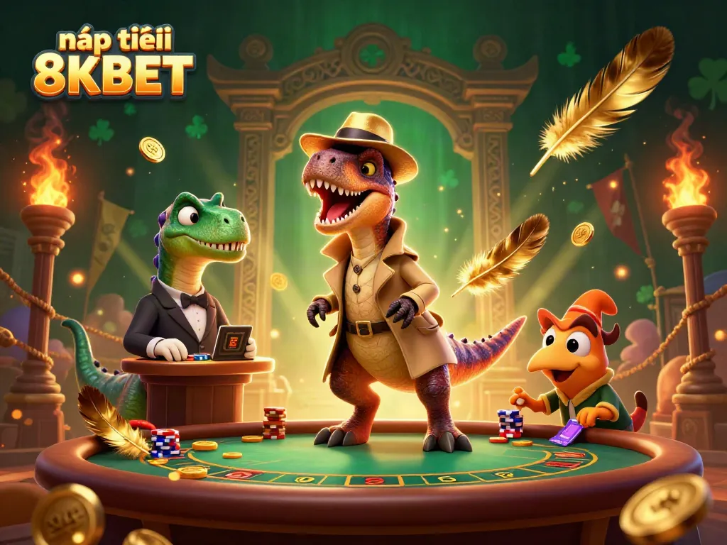 Engage with nạp tiền 8KBET alongside a stealthy velociraptor at a blackjack table, shrouded in rich casino atmosphere.