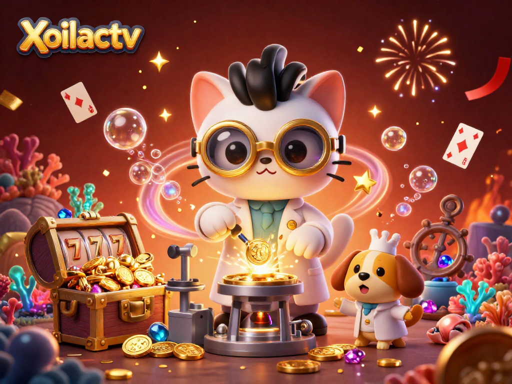 Xoilactv showcases a vibrant 3D casino scene with a mad scientist cat and dog, gold coins, and colorful game elements.