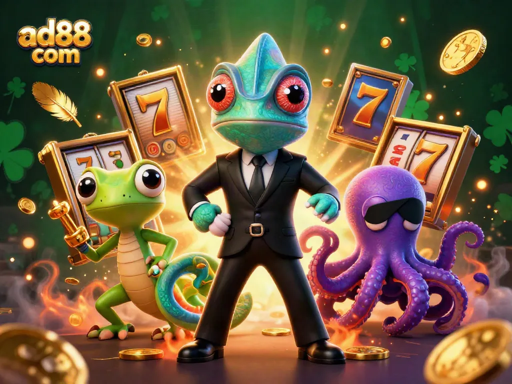 Engage with exciting slots at ad88 com featuring a dynamic 3D scene of colorful game elements.