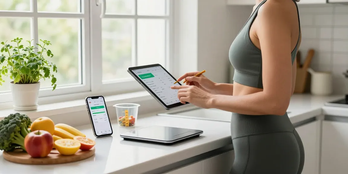 Person tracking meals with the best AI macro tracker in a bright kitchen filled with healthy ingredients.