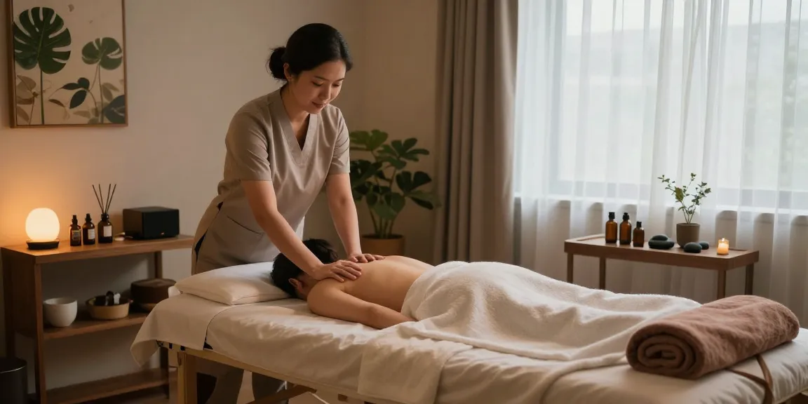 Therapist providing a healing massage in a tranquil setting, showcasing 부천출장안마 services with soothing decor elements.