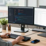 OpenClaw software developer workspace with coding interface, modern desk, and productivity tools