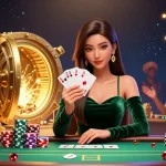 Experience the excitement of online casinos with a focused player at a luxury poker table full of treasures.