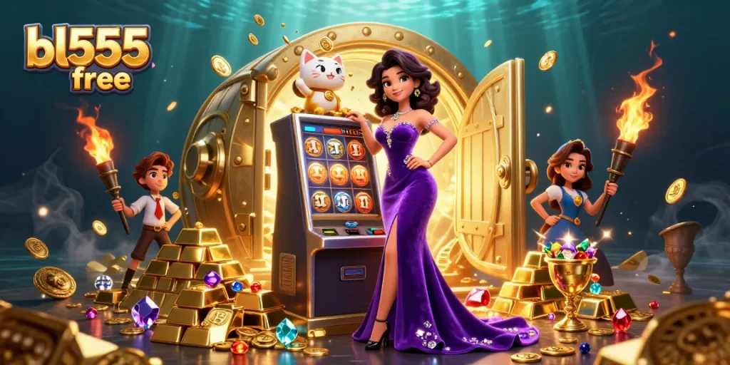 Play slots with bl555 free and win big jackpots alongside fortune cat mascot.