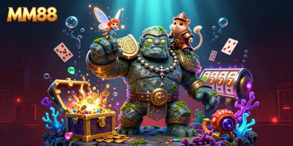 Experience thrilling wins with MM88's lively 3D casino illustration showcasing captivating characters and casino elements.