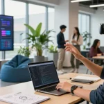 Young tech enthusiast using AR glasses in a bright co-working space demonstrating innovative features.