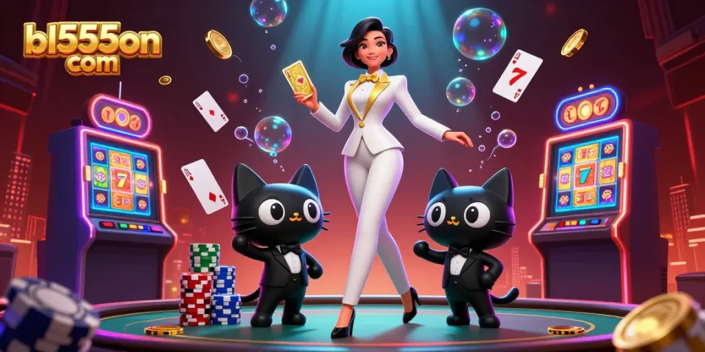 Experience thrilling gameplay at bl555on com with a glamorous woman and a tuxedo cat in a lively casino scene.