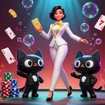 Experience thrilling gameplay at bl555on com with a glamorous woman and a tuxedo cat in a lively casino scene.