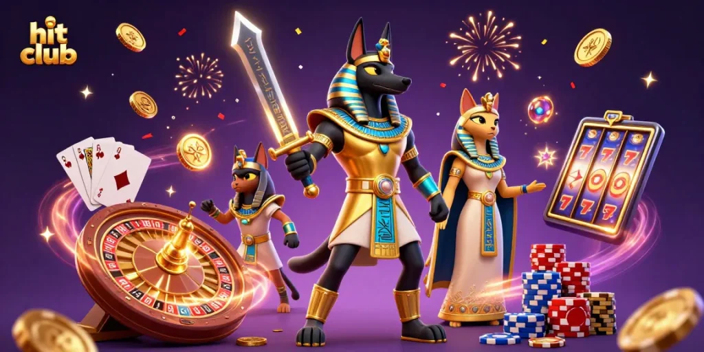 Hit club presents an electrifying scene of gaming excitement with dynamic slot reels, Anubis, and treasures.
