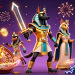 Hit club presents an electrifying scene of gaming excitement with dynamic slot reels, Anubis, and treasures.