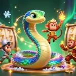 Hit your jackpot with the vibrant scene featuring the playful monkey king and spectacular rainbow serpent.