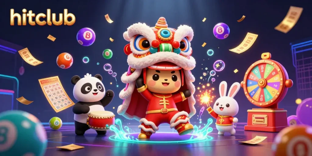 Experience exciting jackpots at hitclub with vibrant casino-themed illustrations, featuring a lively lion dance.