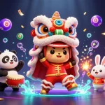 Experience exciting jackpots at hitclub with vibrant casino-themed illustrations, featuring a lively lion dance.