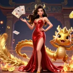 Experience the excitement of ABCBET with a vibrant casino scene featuring a stunning Asian woman and a golden dragon.