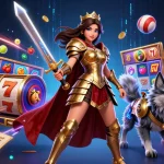Experience the thrill at hit club with vibrant slot game reels and a warrior queen in action!