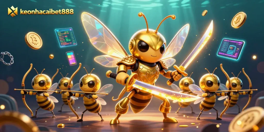 Engage with keonhacaibet888 in a vibrant 3D casino illustration boasting crypto elements and dynamic characters.