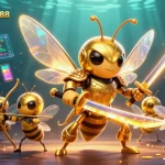 Engage with keonhacaibet888 in a vibrant 3D casino illustration boasting crypto elements and dynamic characters.