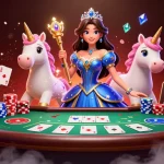 Interagisci con i casino non AAMS attraverso una vivace scena 3D che presenta una donna regale e un unicorno tra elementi di poker.