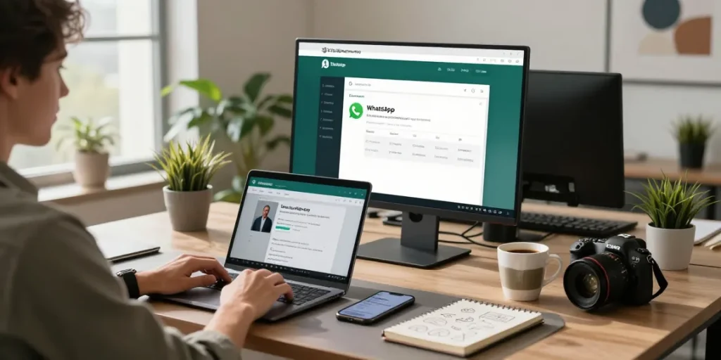 Person engaging with WhatsApp網頁版 on a modern workspace desk, showcasing productivity and connectivity.