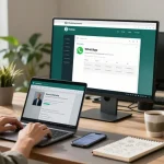 Person engaging with WhatsApp網頁版 on a modern workspace desk, showcasing productivity and connectivity.