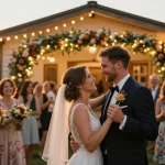 Hochzeit DJ Brandenburg: Paar tanzt glücklich auf romantischer Feier mit Lichtern und Blumen.
