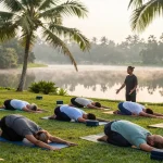 200hr hatha YTT Sri Lanka group practice at serene yoga retreat on Koggala Lake, showcasing tranquil atmosphere and natural surroundings.