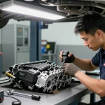 Fachmann bei BMW Steuerkette Wechsel in professioneller Werkstatt.