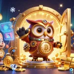 Scopri il magico mondo del crypto casino con un gufo in abiti steampunk e un topo meccanico, circondati da tesori e blockchain.