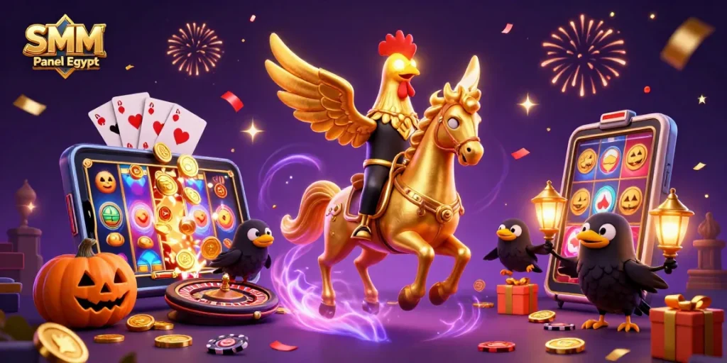 Engage your audience with SMM Panel Egypt's golden rooster triumphantly riding through a vibrant casino.