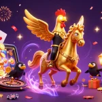 Engage your audience with SMM Panel Egypt's golden rooster triumphantly riding through a vibrant casino.