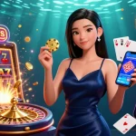 Nohu jackpot scene featuring an elegant Asian woman, slot machines, and coins bursting with excitement.