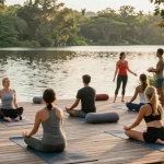 students practicing yoga at Lanka Yoga retreat with serene lake view at https://stefancamilleriyoga.com