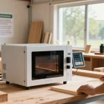 Shashel's microwave device in a modern workshop for chemical-free wood treatment.