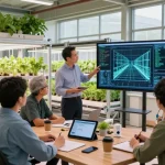CIKA4D professionals collaborating on innovative indoor agriculture design with LED grow lights and plants.