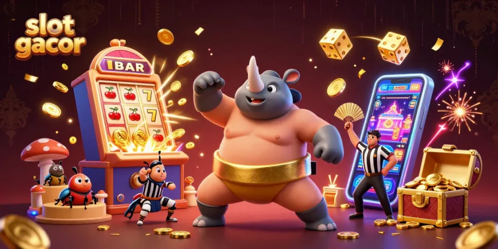 Experience the excitement of slot gacor with vivid 3D champions smashing jackpots and flying coins.