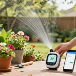 Homeowner using rainpoint sprinkler timer in vibrant garden setup