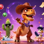 Engage with vibrant o8-themed gaming fun featuring lively T-Rex cowboy and friends in action!