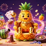 Win big with OKTK in this vibrant casino scene featuring a pineapple king and fun game elements.