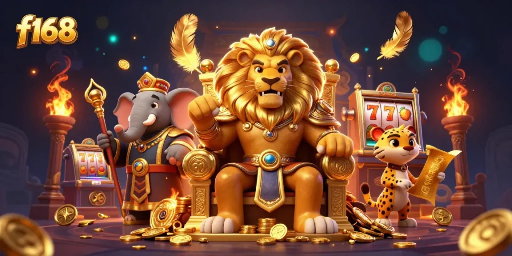 Engage in thrilling gameplay at f168 with vibrant symbols and a fantasy atmosphere in this 3D illustration.