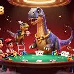 Experience exciting gaming at myhm88 with a whimsical dinosaur casino scene featuring poker action.