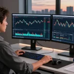 Trader using the MetaTrader 5 platform at a modern dual-monitor setup with market data and charts displayed.