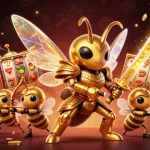 Cổng game bài đổi thưởng Sunwin showcases a vibrant 3D scene with dynamic slot machines and an epic hornet warrior.