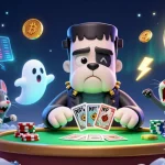 Xim showcases an engaging casino scene with a Frankenstein bulldog, ghost mouse, and werewolf kitten playing cards.