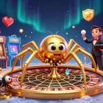 Place bets at uu88 while enjoying a vibrant 3D casino scene featuring a spider croupier and golden roulette wheel.