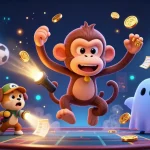 Engaging illustration of Sunwin depicting a playful ghost monkey and a curious puppy in a vibrant haunted casino scene.