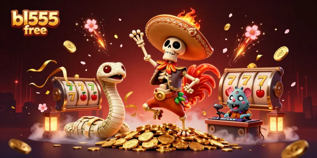 Engage with bl555 free's vibrant casino experience featuring characters celebrating atop golden jackpots.