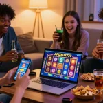 Friends enjoying online gaming on APIZEUS777 with vibrant slot games, embodying excitement and camaraderie