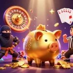Engage with 32win's dynamic gaming scene featuring golden piggy bank and vibrant casino elements