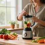 Person making a healthy smoothie with rokok88 super ingredients in a bright kitchen.