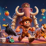 See the panduan kenyamanan kerja illustrated scene with a caveman duo, casino elements, and dynamic slot reels.